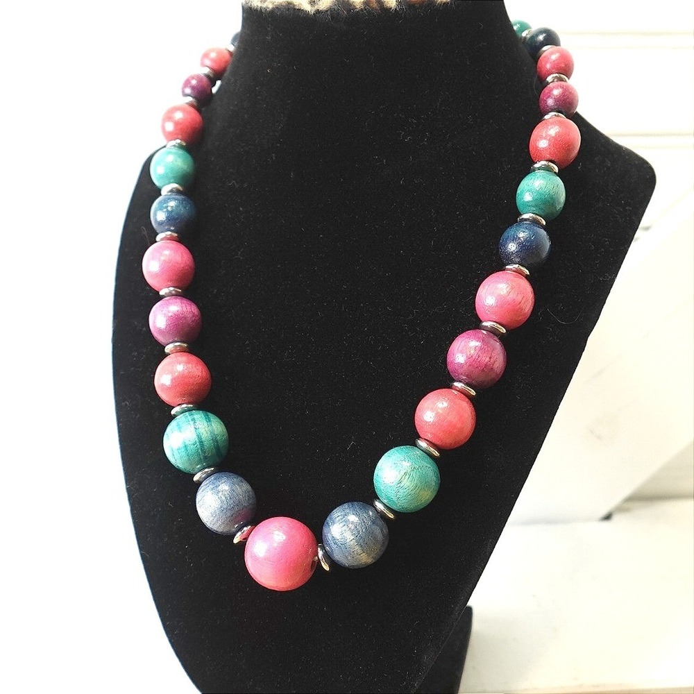 Vintage Boho Wooden Necklace Pastel Muli-color Chunky‎ Beaded Choker Jewelry